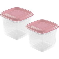 Hega Hogar Vershoudbakjes - set 2x stuks - 0.7 liter - transparant/roze - L11 x B11 x H12 cm - Vershoudbakjes