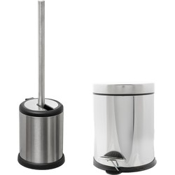Toiletborstel houder rvs zilver 39 cm en pedaalemmer 3 liter combi - Badkameraccessoireset