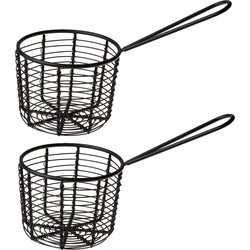 2x stuks ronde patat/snack serveermandjes/frietmandjes zwart metaal D8 x H8 cm - Serveerschalen