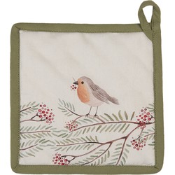 Clayre & Eef Pannenlap  20x20 cm Beige Groen Katoen Vogel Afgiet Pannenlap