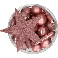 Bellatio Decorations set 33x stuks kunststof kerstballen met ster piek oud roze - Kerstbal