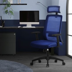 Ergonomische bureaustoel in marineblauwe netstof met verstelbare armleuningen en hoofdsteun ML design
