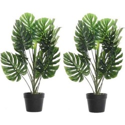 2x Groene Monstera gatenplant kunstplanten 70 cm met zwarte pot - Kunstplanten