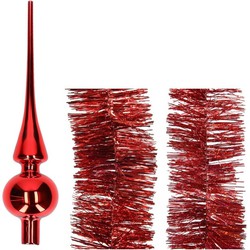 Kerstversiering glazen piek glans 26 cm en folieslingers pakket rood van 3x stuks - kerstboompieken