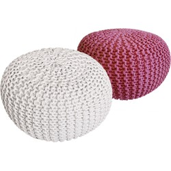 SVJ Poefs Rond - 55 x 55 x 37 cm - Katoen - Wit/Roze - Set van 2