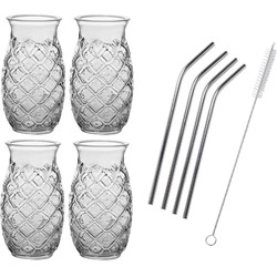 Set van 4x Cocktailglazen transparant 505 ml Pina Colada met RVS rietjes - Cocktailglazen