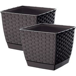 Prosperplast Plantenpot - 2x - rotan kunststof - 22 x 19 cm cm - bruin - Plantenpotten