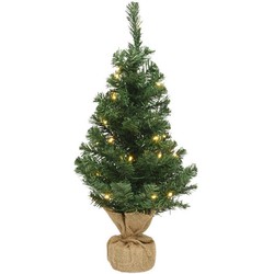 Kerst kerstbomen groen in jute zak met verlichting 90 cm - Kunstkerstboom