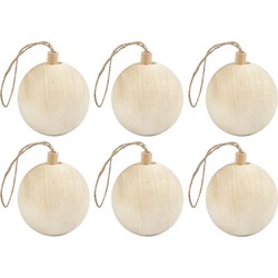 6x Kerstballen hangdecoraties van licht hout 6,4 cm - Kerstbal