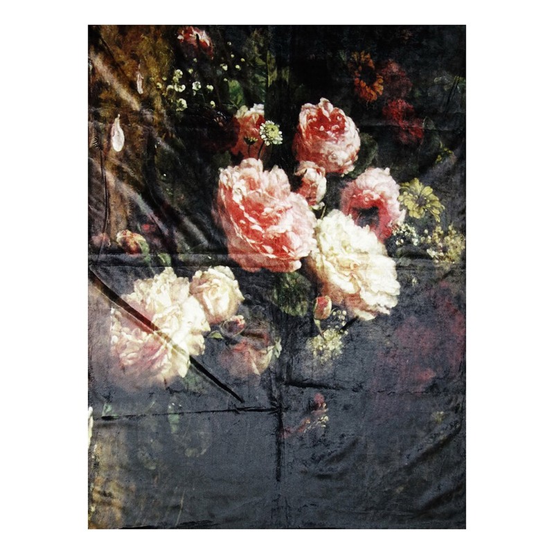 Clayre & Eef Plaid  130x170 cm Zwart Roze Polyester Rechthoek Bloemen Deken - 