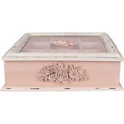 Clayre & Eef Theedoos 9 vakken  32x26x9 cm Roze Houtproduct Rechthoek Bloemen Theekist