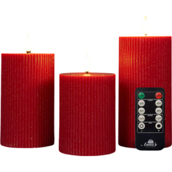 Stompkaars ribbel wax led 3d vlam op batterij met afstandbediening set van 3 d7.5h10/12.5/15 cm rood