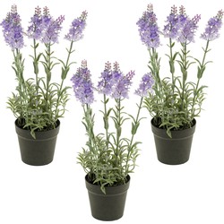 Set van 3x stuks lila paarse lavendel kunstplanten in kunststof pot 28 cm - Kunstplanten