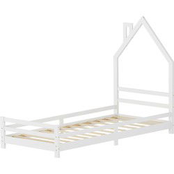 Kinderbed huis 90x200 cm Wit kinderbed Houten bed met lattenbodem Schoorsteenontwerp ML-Design