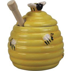 Honingpot met honinglepel - geel - 11 cm - keramiek - 3D bijenmotief - Serveerschalen