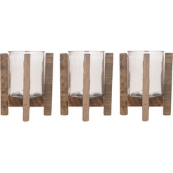 3x Kaarsenhouders voor theelichtjes/waxinelichtjes op houten standaard 17,5 cm - Waxinelichtjeshouders