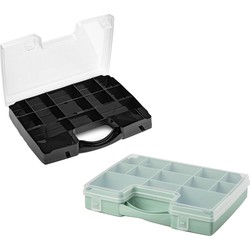 Forte Plastics - Opberg vakjes doos/Sorteerbox - 13-vaks kunststof - 27 x 20 x 3 cm - zwart en groen - Opbergbox