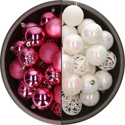 74x stuks kunststof kerstballen mix van fuchsia roze en parelmoer wit 6 cm - Kerstbal