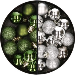 34x stuks kunststof kerstballen groen en zilver 3 cm - Kerstbal