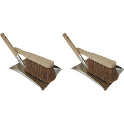 Stoffer en blik set verzinkt/hout - 2x - kokosharen - voor buiten - Stoffer en blik