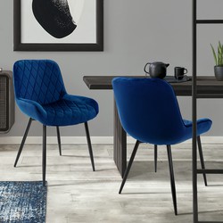 Eetkamerstoel met ruitpatroon set van 2 donkerblauwe fluwelen bekleding met metalen poten incl. montagemateriaal ML-Design