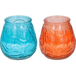 Arti Casa 4x stuks citronella Lowboy tafelkaarsen - 10 cm - oranje en blauw glas - geurkaarsen