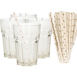 Set van 4x longdrink glazen en 100x duurzame papieren rietjes - 360 ml - Drinkglazen