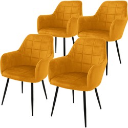 Set van 2 eetkamerstoelen met rugleuning & armleuning 2x mosterd fluwelen bekleding vierkant gewatteerd met metalen poten ML design