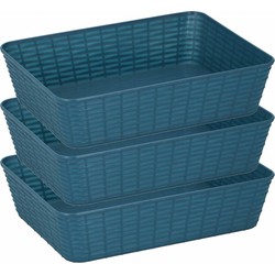 3x Blauwe plastic opbergmanden rechthoekig 25 x 19 x 6 cm - Opbergmanden