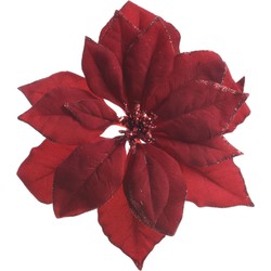1x stuks decoratie bloemen kerstster rood glitter op clip 24 cm - Kersthangers