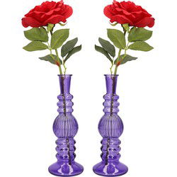 Ideas 4 Seasons Bloemenvaas Florence - 2x - paars glas - ribbel - D8,5 x H23 cm - Vazen
