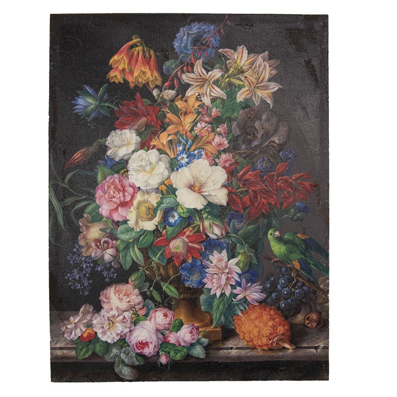 Clayre & Eef Schilderij  55x73 cm Bruin Rood Canvas Bloemen Canvas schilderij - 