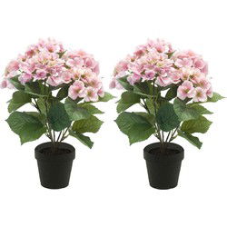 Hortensia kunstplant in kunststof pot - 2x - roze - 40 cm - Kunstplanten