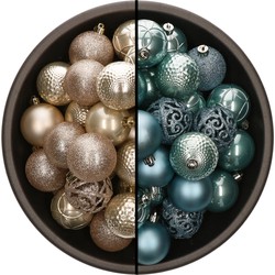 74x stuks kunststof kerstballen mix van champagne en ijsblauw 6 cm - Kerstbal
