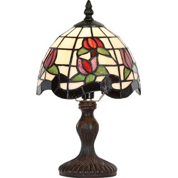 LumiLamp Tiffany Tafellamp  Ø 18x30 cm Beige Rood Glas Kunststof Bloemen Tiffany Bureaulamp