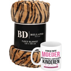 Cadeau moeder set - Fleece plaid/deken tijger print met Trotse moeder van leukste kinderen mok - Plaids