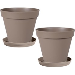 Set van 2x stuks bloempotten Toscane kunststof taupe D40 x H32 cm inclusief onderschalen D35 cm - Plantenpotten