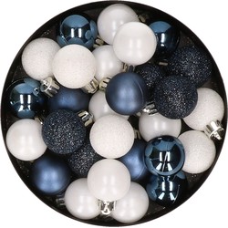 28x stuks kunststof kerstballen donkerblauw en wit mix 3 cm - Kerstbal