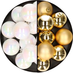 24x stuks kunststof kerstballen mix van goud en parelmoer wit 6 cm - Kerstbal