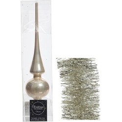 Kerstversiering glazen piek glans 26 cm en folieslingers pakket licht parel/champagne van 3x stuks - kerstboompieken