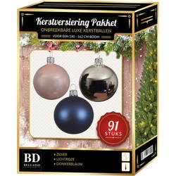 Zilveren/lichtroze/donkerblauwe kerstballen pakket 91-delig voor 150 cm boom - Kerstbal
