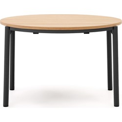 Kave Home - Uitschuifbare ronde Montuiri-tafel van eikenfineer met stalen zwarte poten  Ø 120 (200) cm