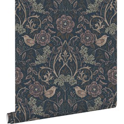 ESTAhome behang bloemen en vogels donkerblauw en oudroze - 50 x 900 cm - 139832