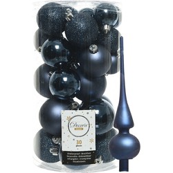 Decoris kerstballen 30x stuks - donkerblauw 4/5/6 cm kunststof mat/glans/glitter mix en piek - Kerstbal