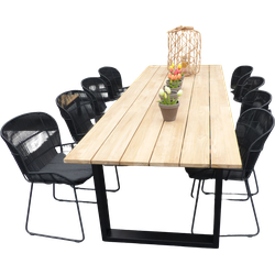 Set van Kaihou tafel 300x100x76 cm zwart/teak en 8 Faye stoelen lava incl. kussen