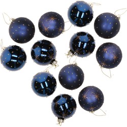 12x stuks luxe gedecoreerde glazen kerstballen blauw 6 cm - Kerstbal