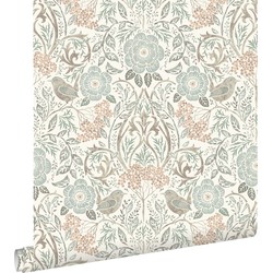 ESTAhome behang bloemen en vogels in art nouveau stijl vergrijsd groen, bruin en perzik roze - 53 cm x 10,05 m - 139294