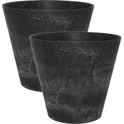 2x stuks plantenpot/bloempot in een natuursteen look Dia 22 cm en Hoogte 20 cm zwart - Plantenpotten