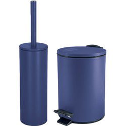 Spirella Badkamer/toilet accessoires set - toiletborstel en pedaalemmer - 3L - metaal - blauw - Badkameraccessoireset