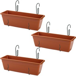 3x stuks hangende reling Plantenbak terracotta 50 x 17 x 15 cm met kunststof beugels - Plantenbakken